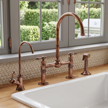 Antique Copper Kitchen Bridge Faucet with Ball Center, Sprayer, Cold Water Faucet, Straight Legs and Lever Handles