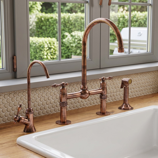 Antique Copper Kitchen Bridge Faucet with Ball Center, Sprayer, Cold Water Faucet, Straight Legs and Lever Handles