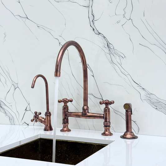 Antique Copper Bridge Kitchen Faucet with Sprayer, Drinking Water Tap and Cross Handles