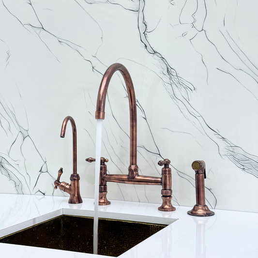 Antique Copper Bridge Kitchen Faucet with Sprayer, Drinking Water Tap and Lever Handles