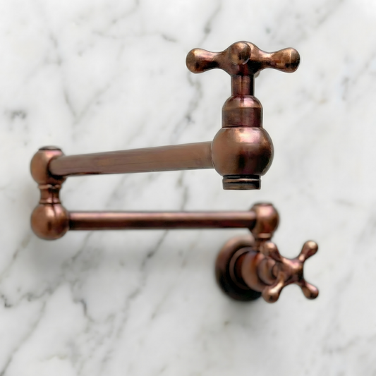 Antique Copper Pot Filler with Cross Handles, Solid Copper Wall Mount Pasta Faucet