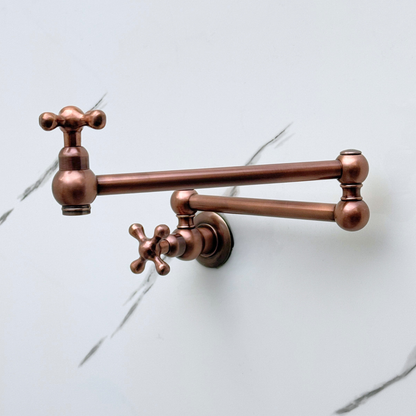 Antique Copper Pot Filler with Cross Handles, Solid Copper Wall Mount Pasta Faucet