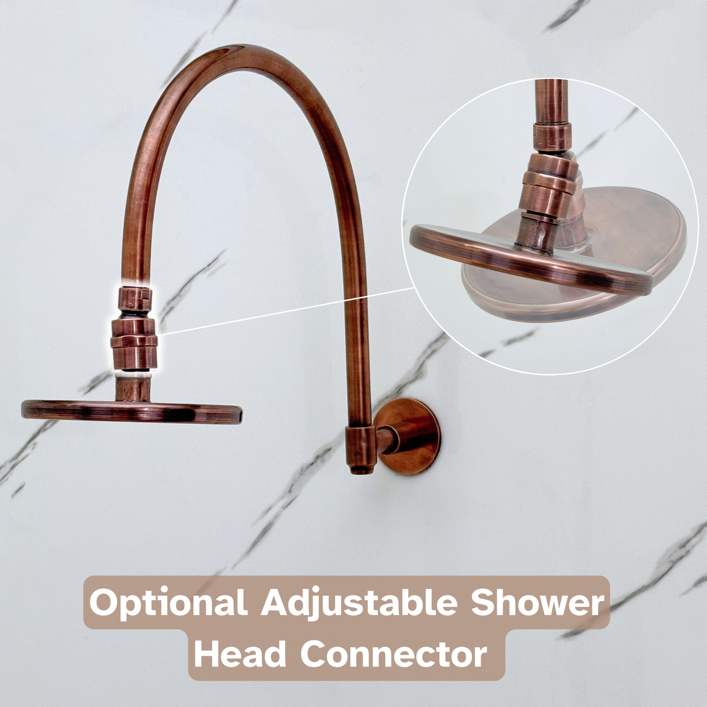 Antique Copper Flat Rain Shower Head with Arcuate Arm, Adjustable Copper Shower Head