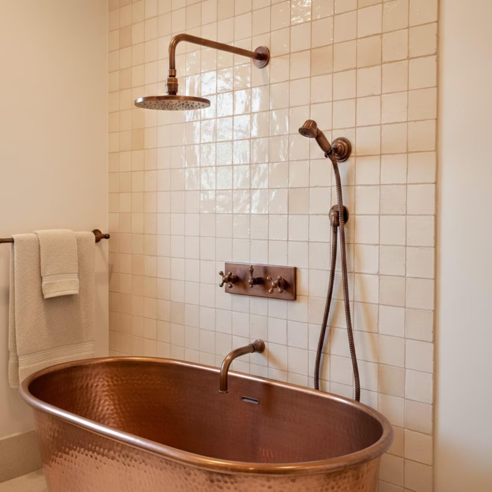 Antique Copper Shower System with Flat Round Rain Adjustable Shower Head, Handheld Shower Head, Central Copper - image 1