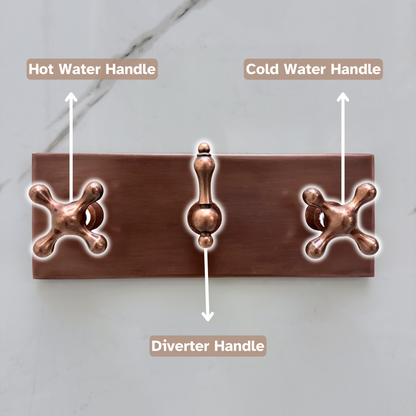 Antique Copper Shower System with Adjustable Flat Round Rain Shower Head, Handheld Shower Head, Central Copper Plaque, Tub Filler and Cross Handles