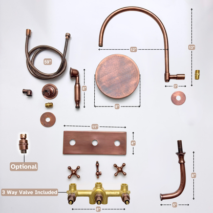 Antique Copper Shower System with Adjustable Flat Round Rain Shower Head, Handheld Shower Head, Central Copper Plaque, Tub Filler and Cross Handles