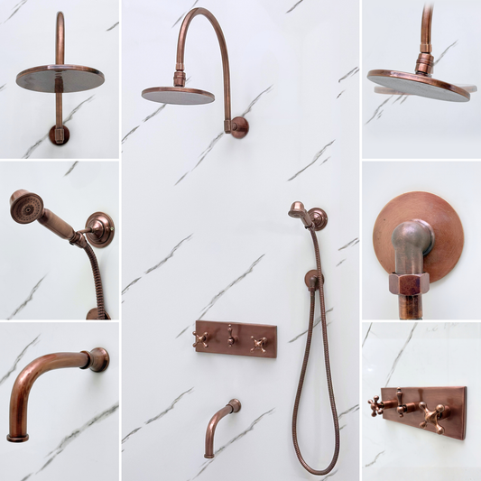 Antique Copper Shower System with Adjustable Flat Round Rain Shower Head, Handheld Shower Head, Central Copper Plaque, Tub Filler and Cross Handles