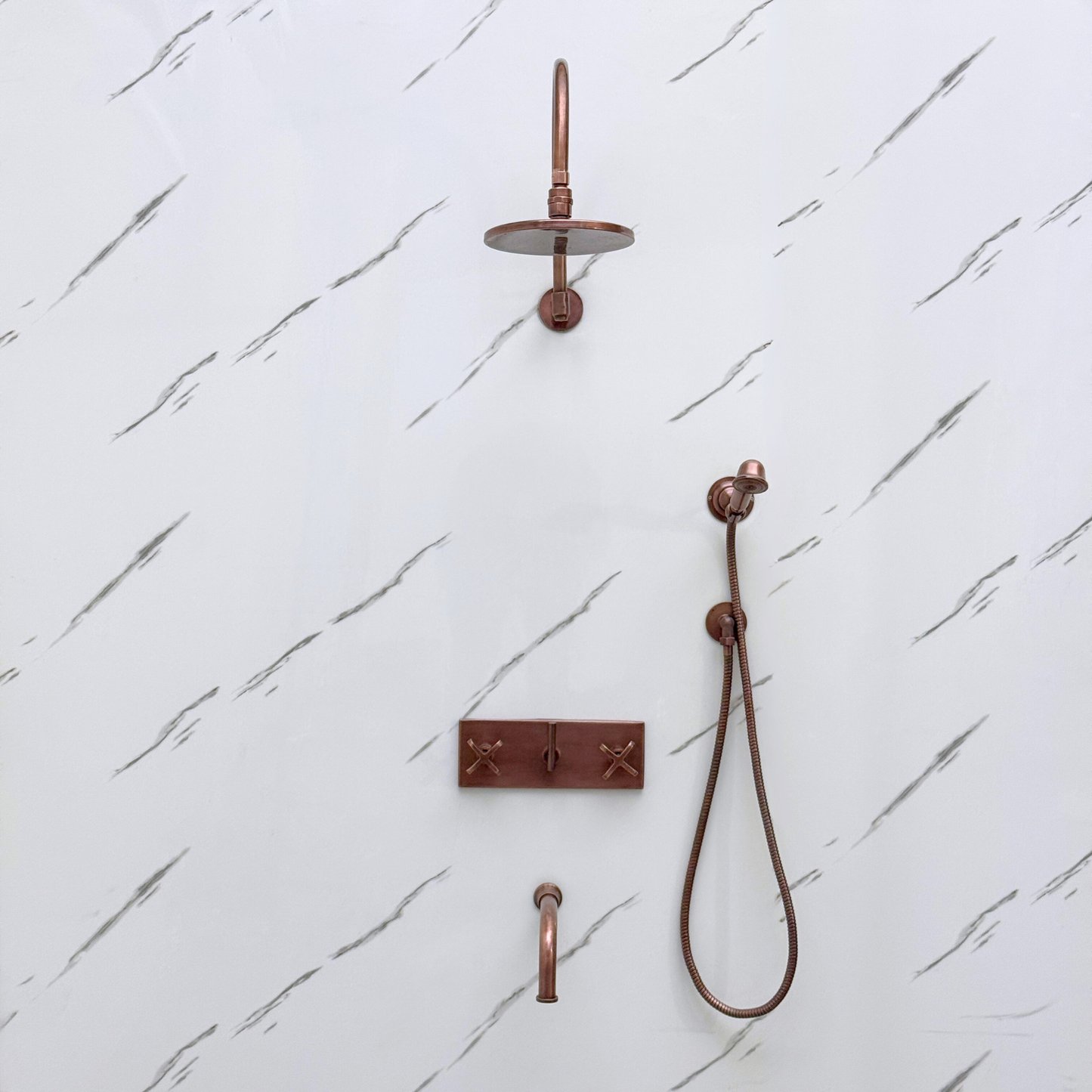 Antique Copper Shower System with Adjustable Flat Round Rain Shower Head, Handheld Shower Head, Central Copper Plaque, Tub Filler and Cross Handles
