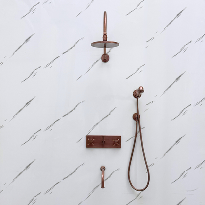 Antique Copper Shower System with Adjustable Flat Round Rain Shower Head, Handheld Shower Head, Central Copper Plaque, Tub Filler and Cross Handles