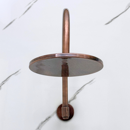 Antique Copper Shower System with Adjustable Flat Round Rain Shower Head, Handheld Shower Head, Central Copper Plaque, Tub Filler and Cross Handles