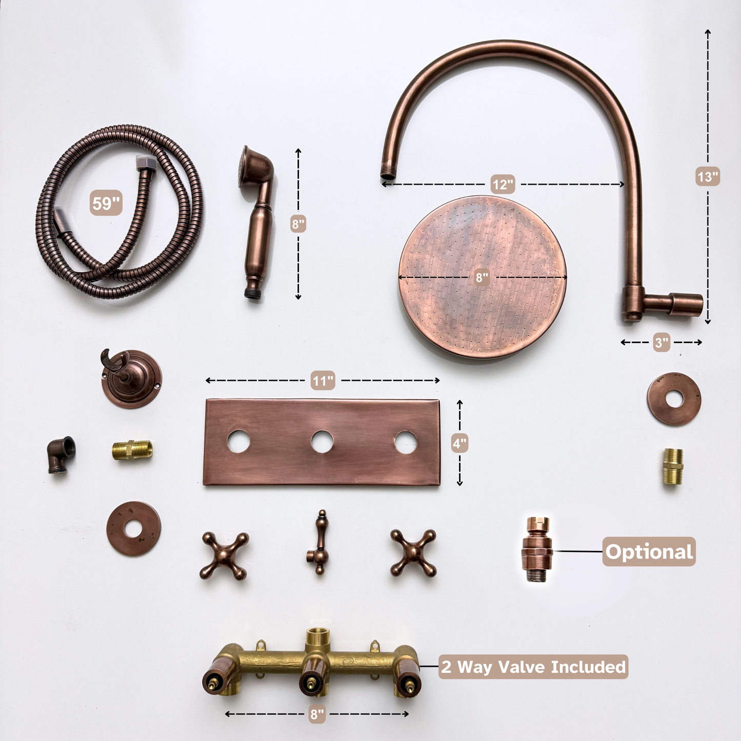 Système de douche en cuivre antique avec pomme de douche à effet pluie plate et ronde réglable, douchette, plaque centrale en cuivre et poignées croisées