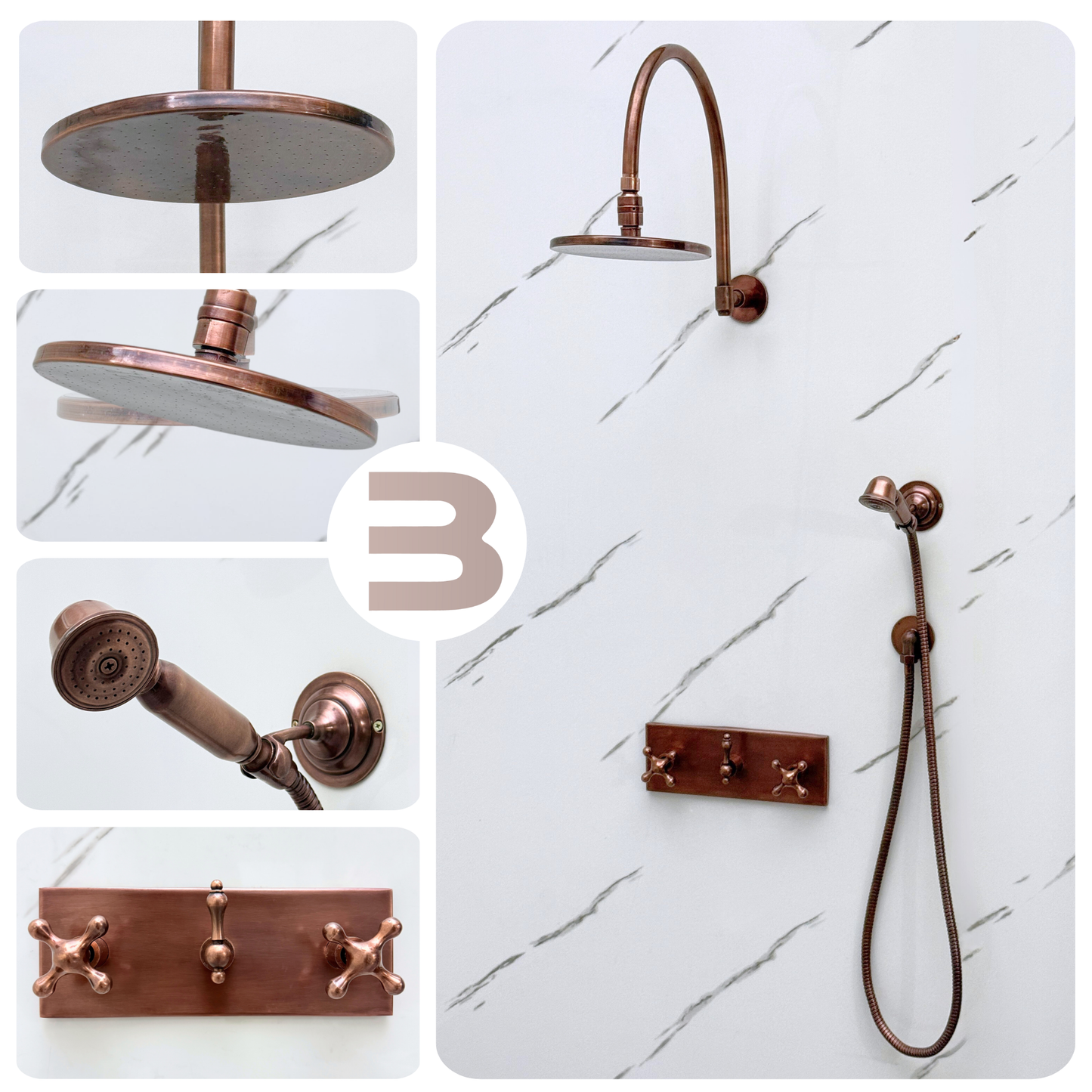 Système de douche en cuivre antique avec pomme de douche à effet pluie plate et ronde réglable, douchette, plaque centrale en cuivre et poignées croisées