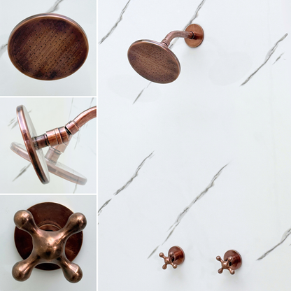 Antique Copper Shower System with Flat Round Rain Adjustable Shower Head, Short Arm and Cross Handles