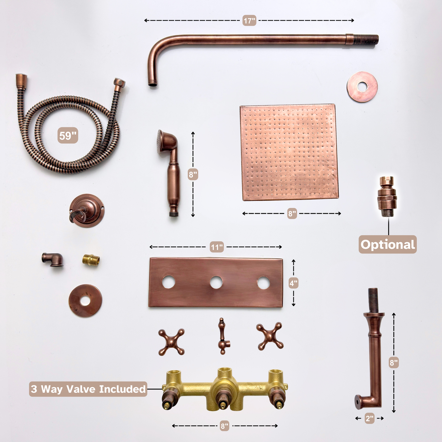 Antique Copper Shower System with Adjustable Flat Square Rain Shower Head, Handheld Shower Head, Central Copper Plaque, Tub Filler and Cross Handles