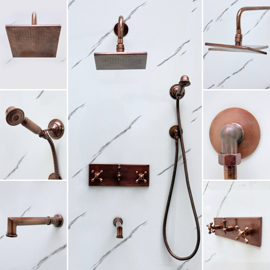 Antique Copper Shower System with Adjustable Flat Square Rain Shower Head, Handheld Shower Head, Central Copper Plaque, Tub Filler and Cross Handles