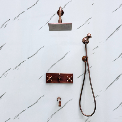 Antique Copper Shower System with Adjustable Flat Square Rain Shower Head, Handheld Shower Head, Central Copper Plaque, Tub Filler and Cross Handles