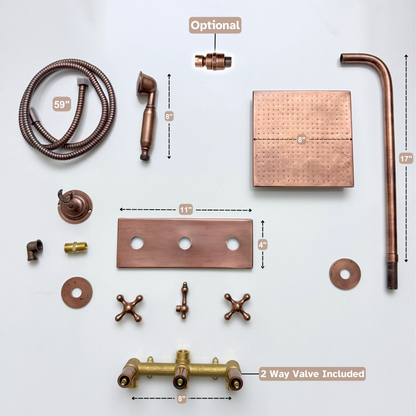 Antique Copper Shower System with Adjustable Flat Square Rain Shower Head, Handheld Shower Head, Central Copper Plaque and Cross Handles