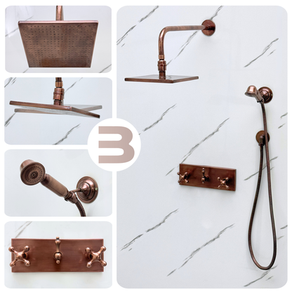 Antique Copper Shower System with Adjustable Flat Square Rain Shower Head, Handheld Shower Head, Central Copper Plaque and Cross Handles