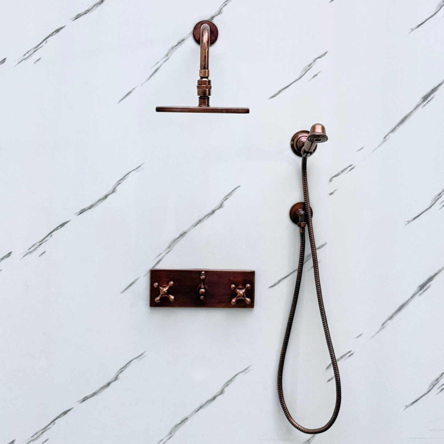 Antique Copper Shower System with Adjustable Flat Square Rain Shower Head, Handheld Shower Head, Central Copper Plaque and Cross Handles
