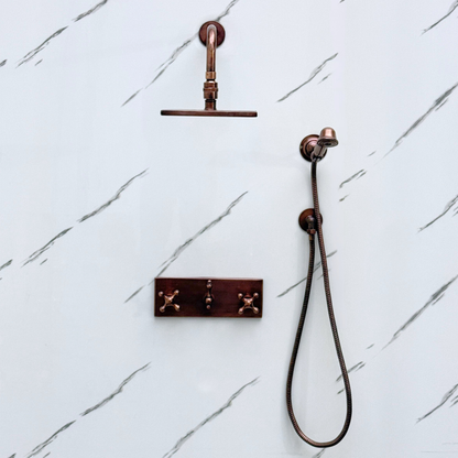 Antique Copper Shower System with Adjustable Flat Square Rain Shower Head, Handheld Shower Head, Central Copper Plaque and Cross Handles