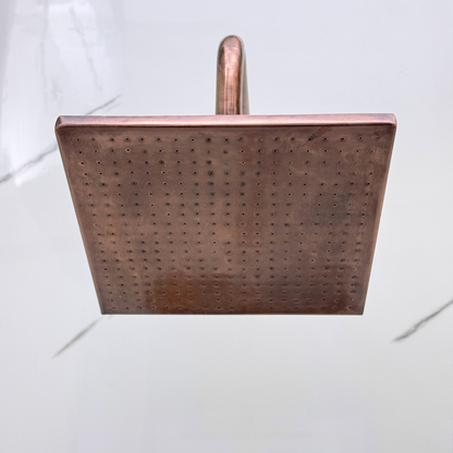 Antique Copper Shower System with Adjustable Flat Square Rain Shower Head, Handheld Shower Head, Central Copper Plaque and Cross Handles