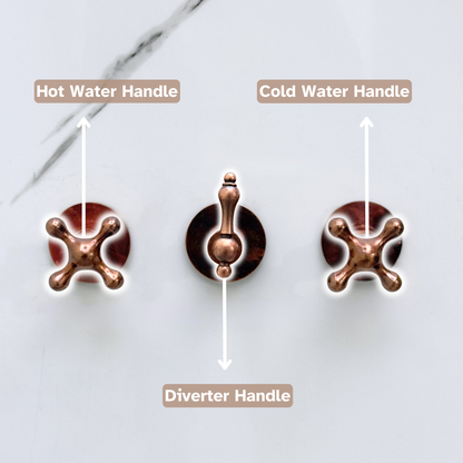 Antique Copper Shower System with Adjustable Flat Square Rain Shower Head, Handheld Shower Head, Tub Filler and Cross Handles