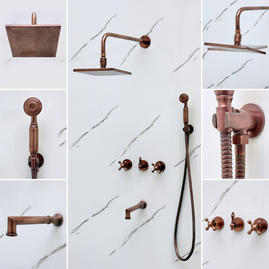 Antique Copper Shower System with Adjustable Flat Square Rain Shower Head, Handheld Shower Head, Tub Filler and Cross Handles
