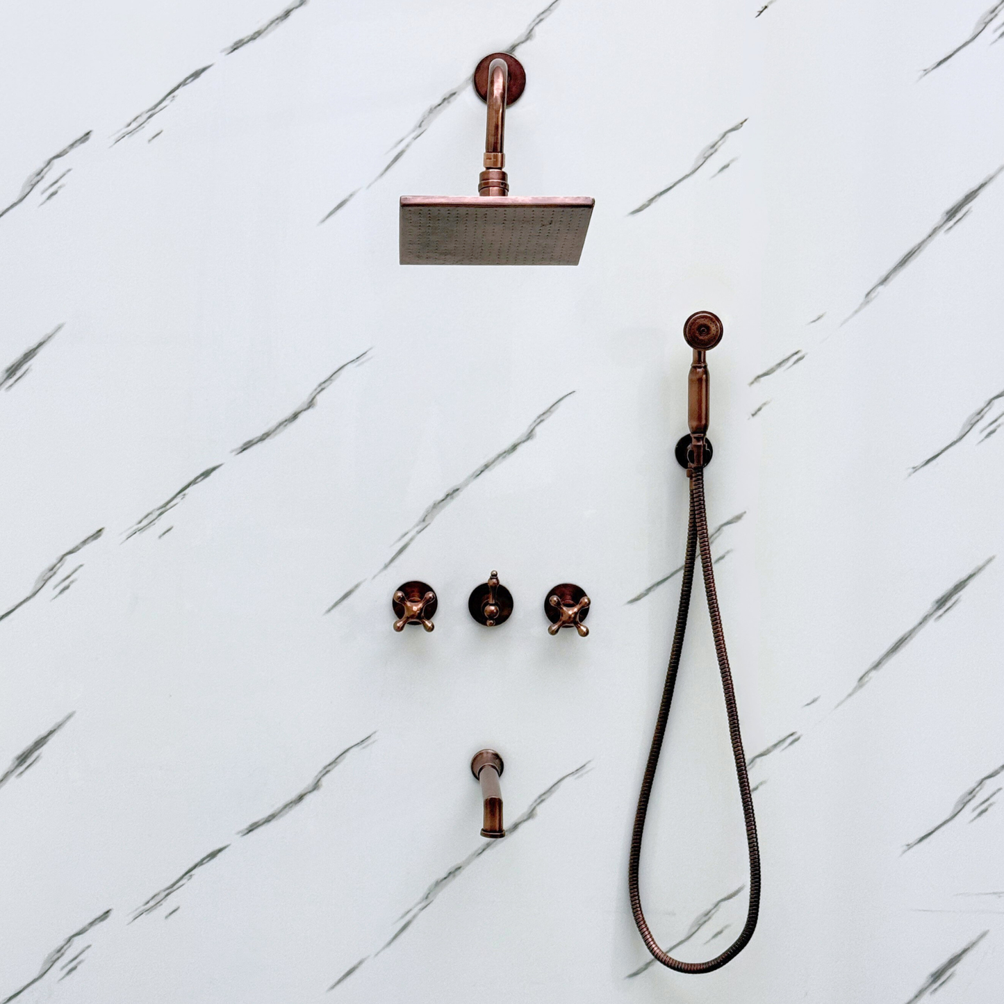 Antique Copper Shower System with Adjustable Flat Square Rain Shower Head, Handheld Shower Head, Tub Filler and Cross Handles