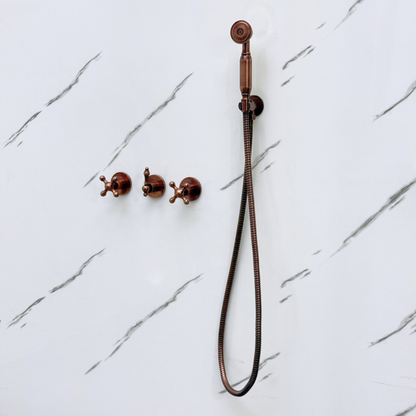 Antique Copper Shower System with Adjustable Flat Square Rain Shower Head, Handheld Shower Head, Tub Filler and Cross Handles