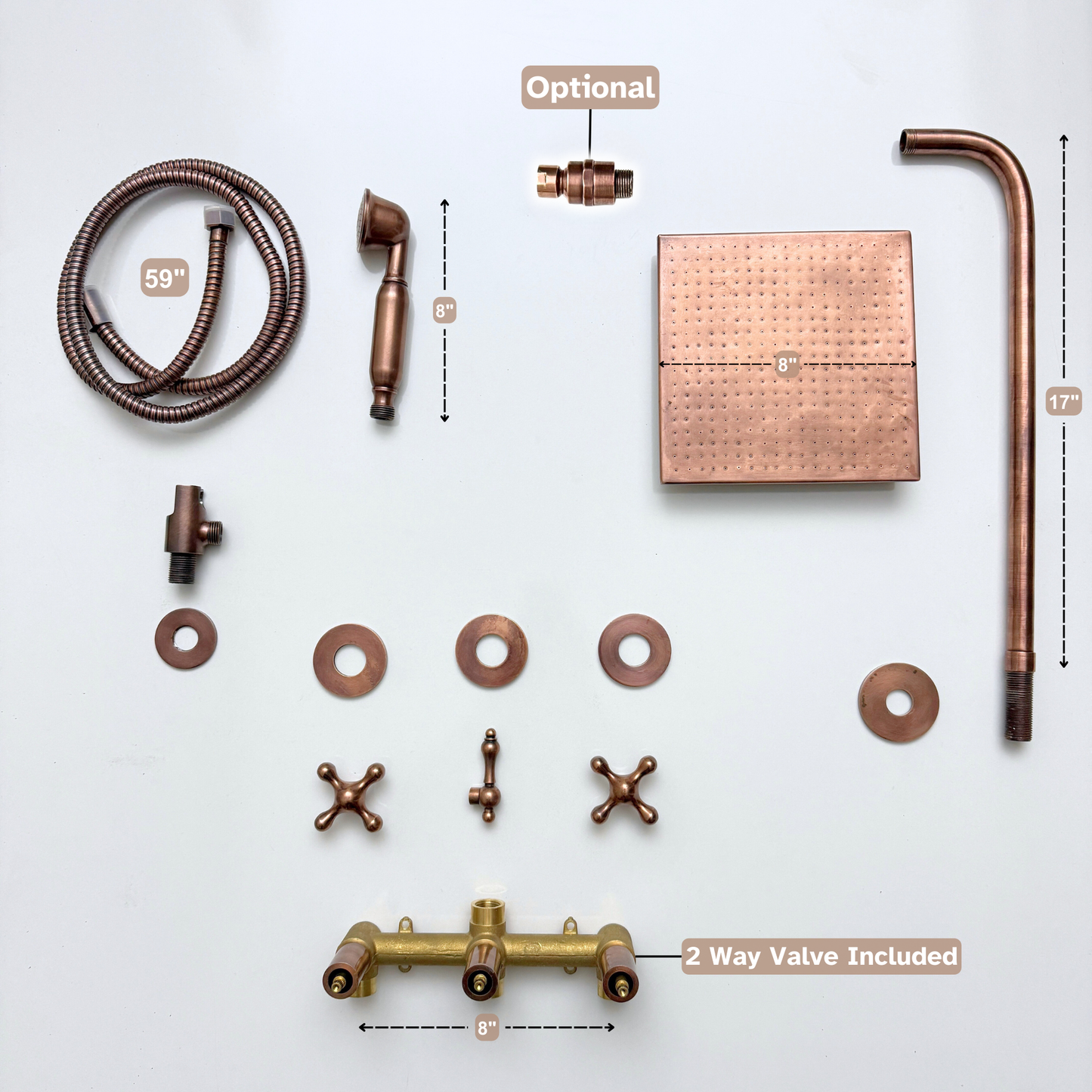 Antique Copper Shower System with Adjustable Flat Square Rain Shower Head, Handheld Shower Head and Cross Handles