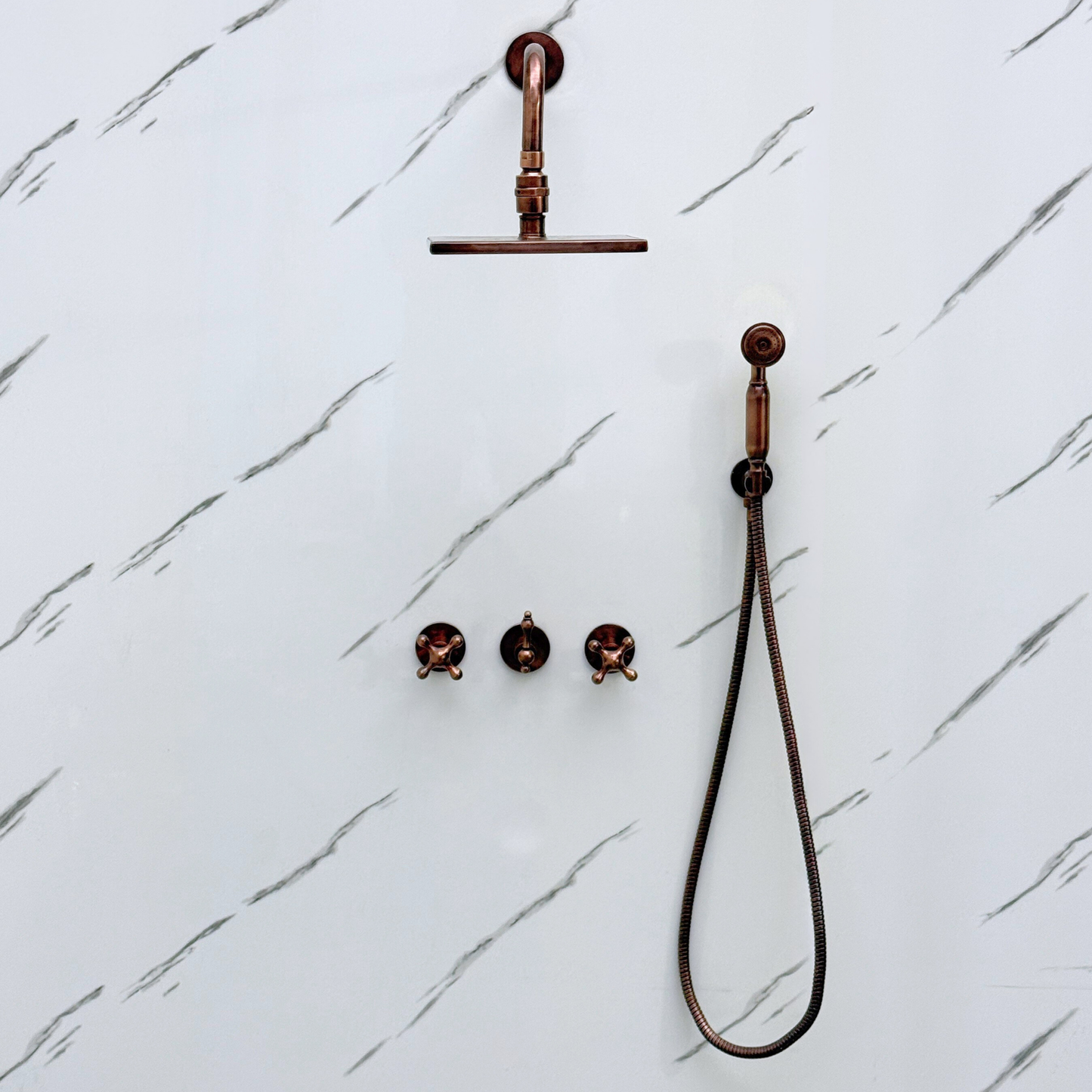 Antique Copper Shower System with Adjustable Flat Square Rain Shower Head, Handheld Shower Head and Cross Handles