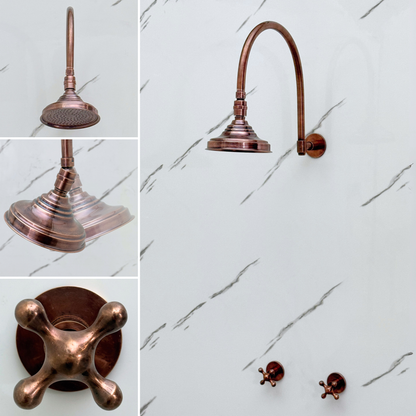 Antique Copper Shower System with Adjustable Round Rain Shower Head, Arcuate Arm and Cross Handles