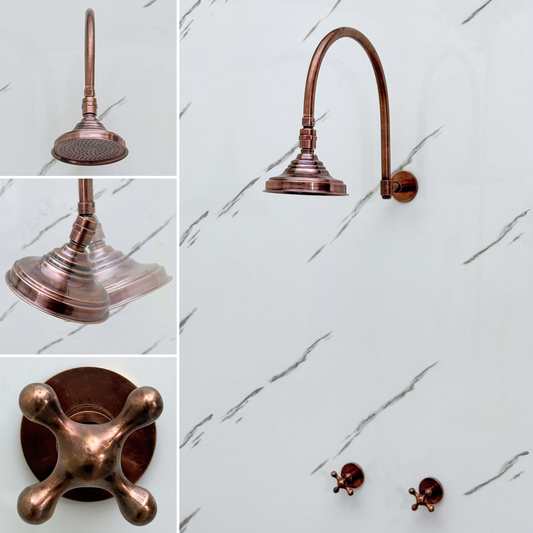 Antique Copper Shower System with Adjustable Round Rain Shower Head, Arcuate Arm and Cross Handles