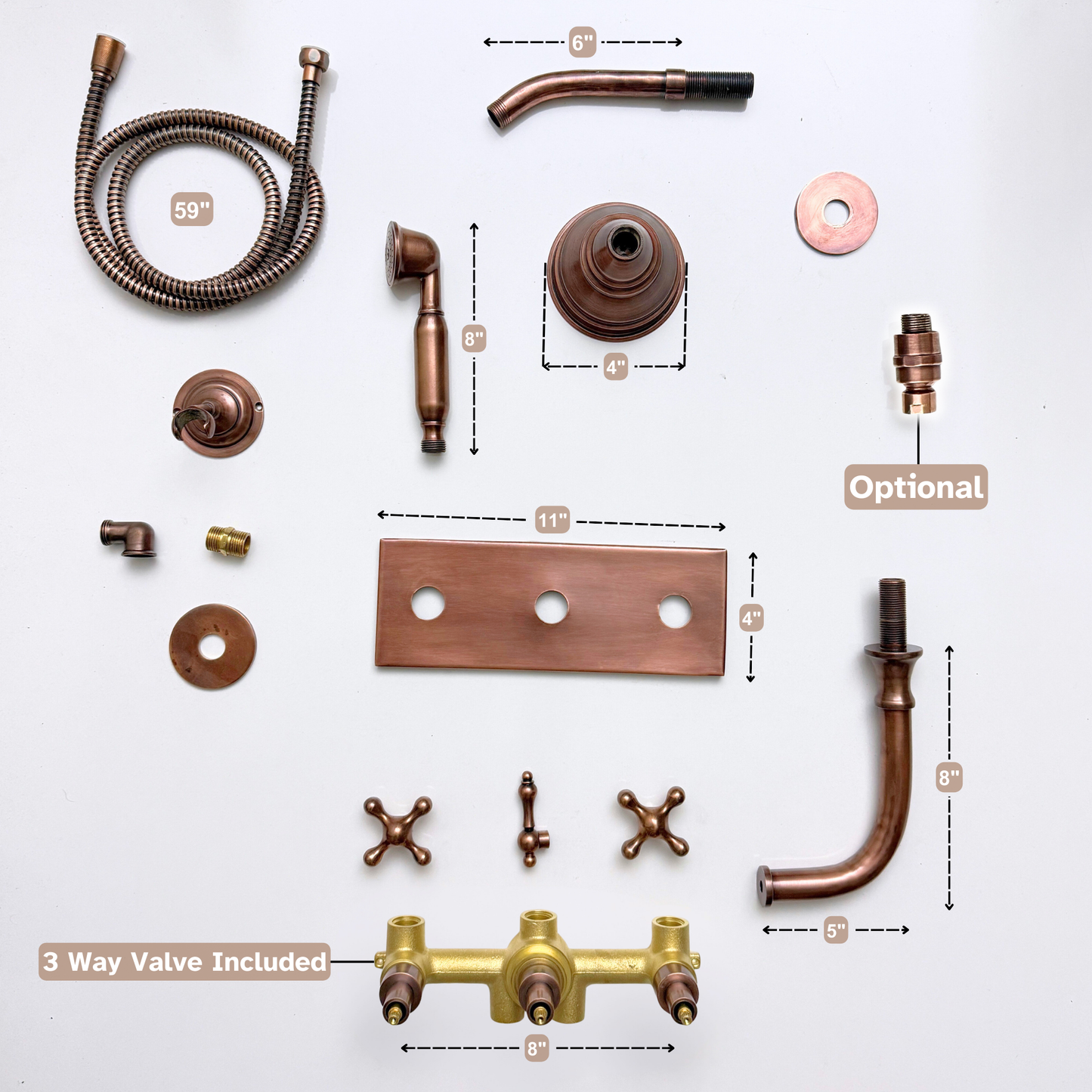 Antique Copper Shower System with Adjustable Round Rain Shower Head, Handheld Shower Head, Central Copper Plaque, Tub Filler and Cross Handles