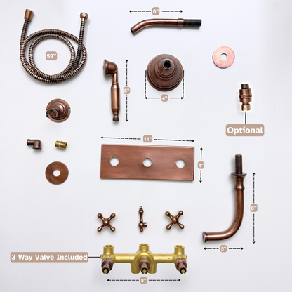 Antique Copper Shower System with Adjustable Round Rain Shower Head, Handheld Shower Head, Central Copper Plaque, Tub Filler and Cross Handles