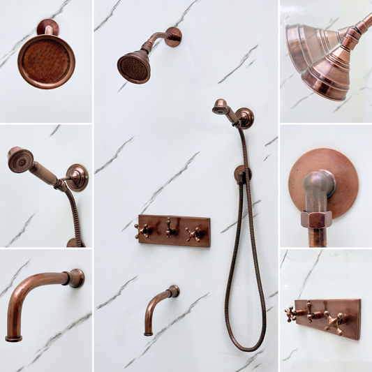Antique Copper Shower System with Adjustable Round Rain Shower Head, Handheld Shower Head, Central Copper Plaque, Tub Filler and Cross Handles