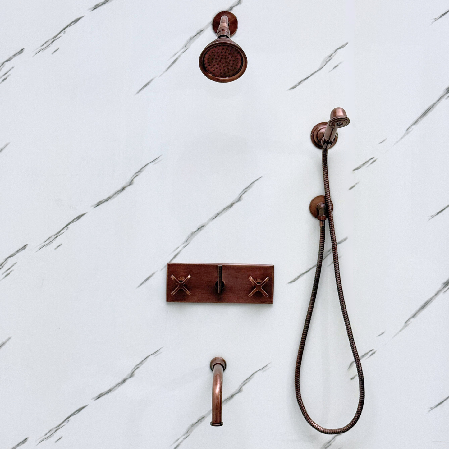 Antique Copper Shower System with Adjustable Round Rain Shower Head, Handheld Shower Head, Central Copper Plaque, Tub Filler and Cross Handles