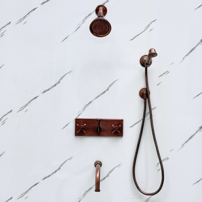 Antique Copper Shower System with Adjustable Round Rain Shower Head, Handheld Shower Head, Central Copper Plaque, Tub Filler and Cross Handles