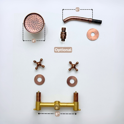 Antique Copper Shower System with Adjustable Round Rain Shower Head, Short Arm and Cross Handles