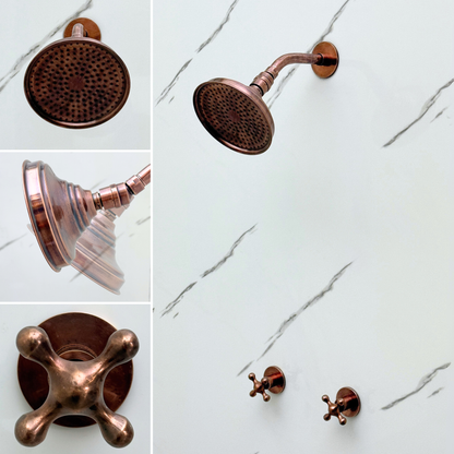 Antique Copper Shower System with Round Rain Adjustable Shower Head, Short Arm and Cross Handles