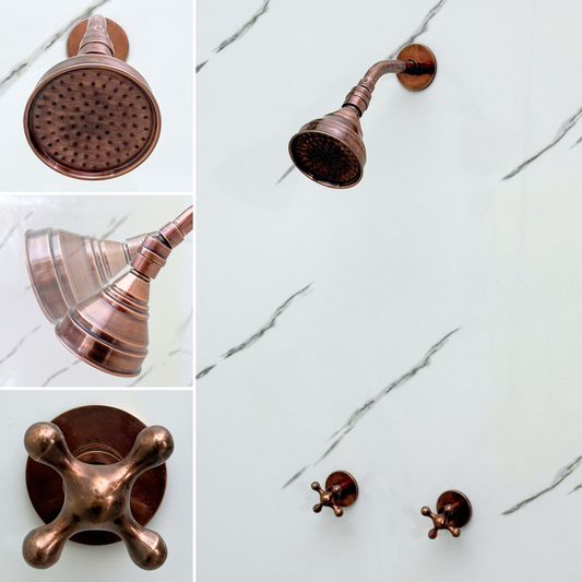 Antique Copper Shower System with Adjustable Round Rain Shower Head, Short Arm and Cross Handles