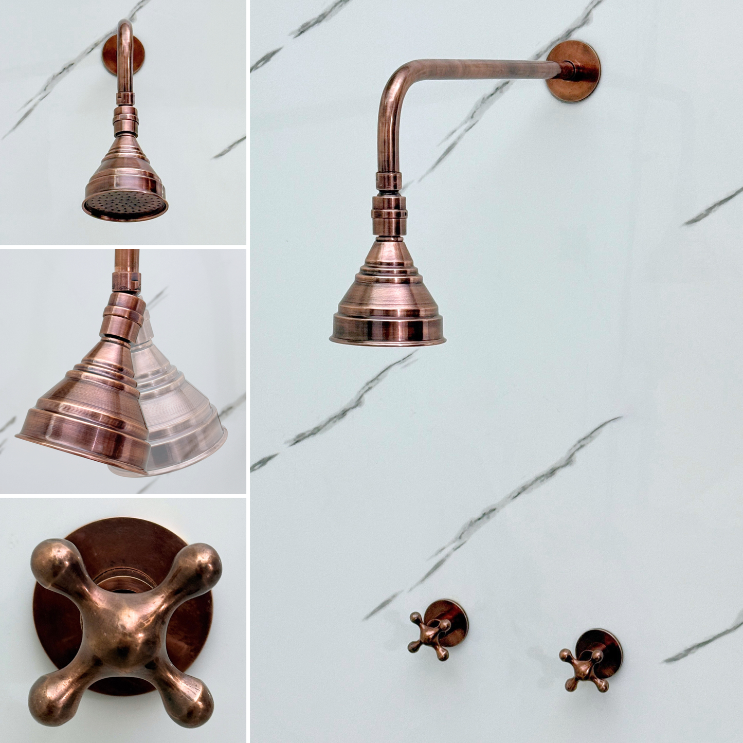 Système de douche en cuivre antique avec pomme de douche ronde réglable, bras droit et poignées croisillons