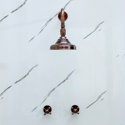 Antique Copper Shower System with Adjustable Round Rain Shower Head, Straight Arm and Cross Handles