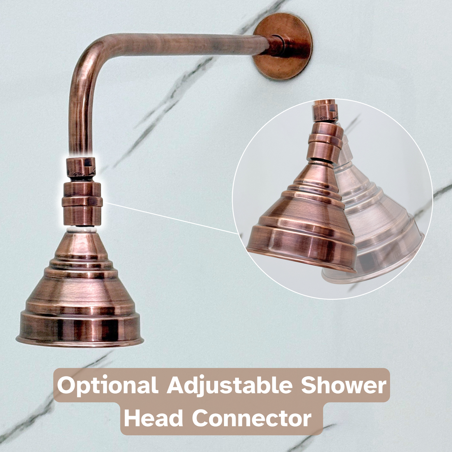 Système de douche en cuivre antique avec pomme de douche ronde réglable, bras droit et poignées croisillons