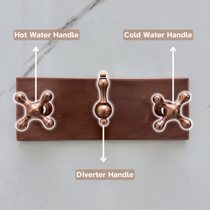 Antique Copper Shower System with Flat Round Rain Adjustable Shower Head, Handheld Shower Head, Central Copper Plaque, Tub Filler and Cross Handles