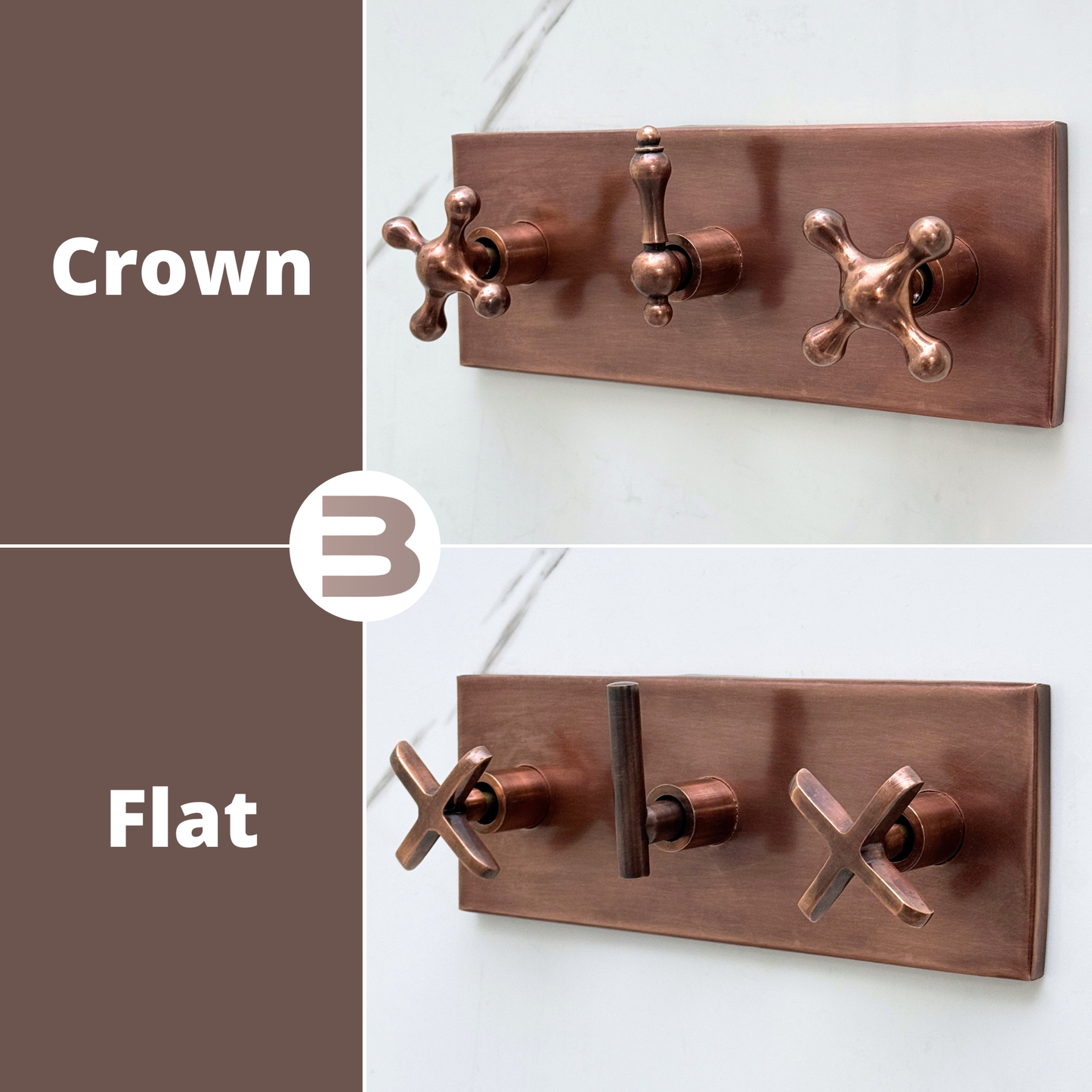 Antique Copper Shower System with Flat Round Rain Adjustable Shower Head, Handheld Shower Head, Central Copper Plaque, Tub Filler and Cross Handles