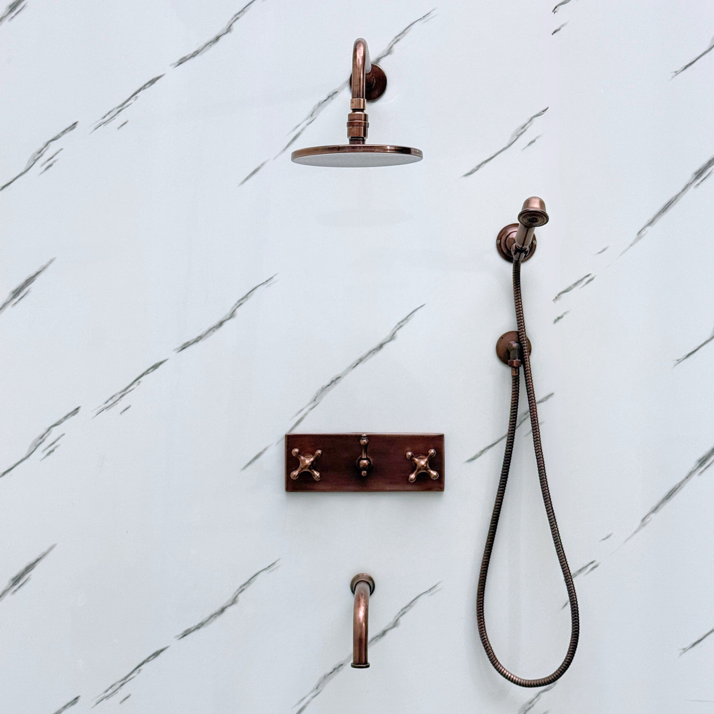 Antique Copper Shower System with Flat Round Rain Adjustable Shower Head, Handheld Shower Head, Central Copper Plaque, Tub Filler and Cross Handles