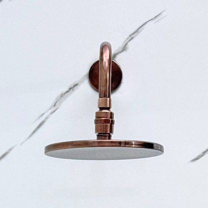 Antique Copper Shower System with Flat Round Rain Adjustable Shower Head, Handheld Shower Head, Central Copper Plaque, Tub Filler and Cross Handles