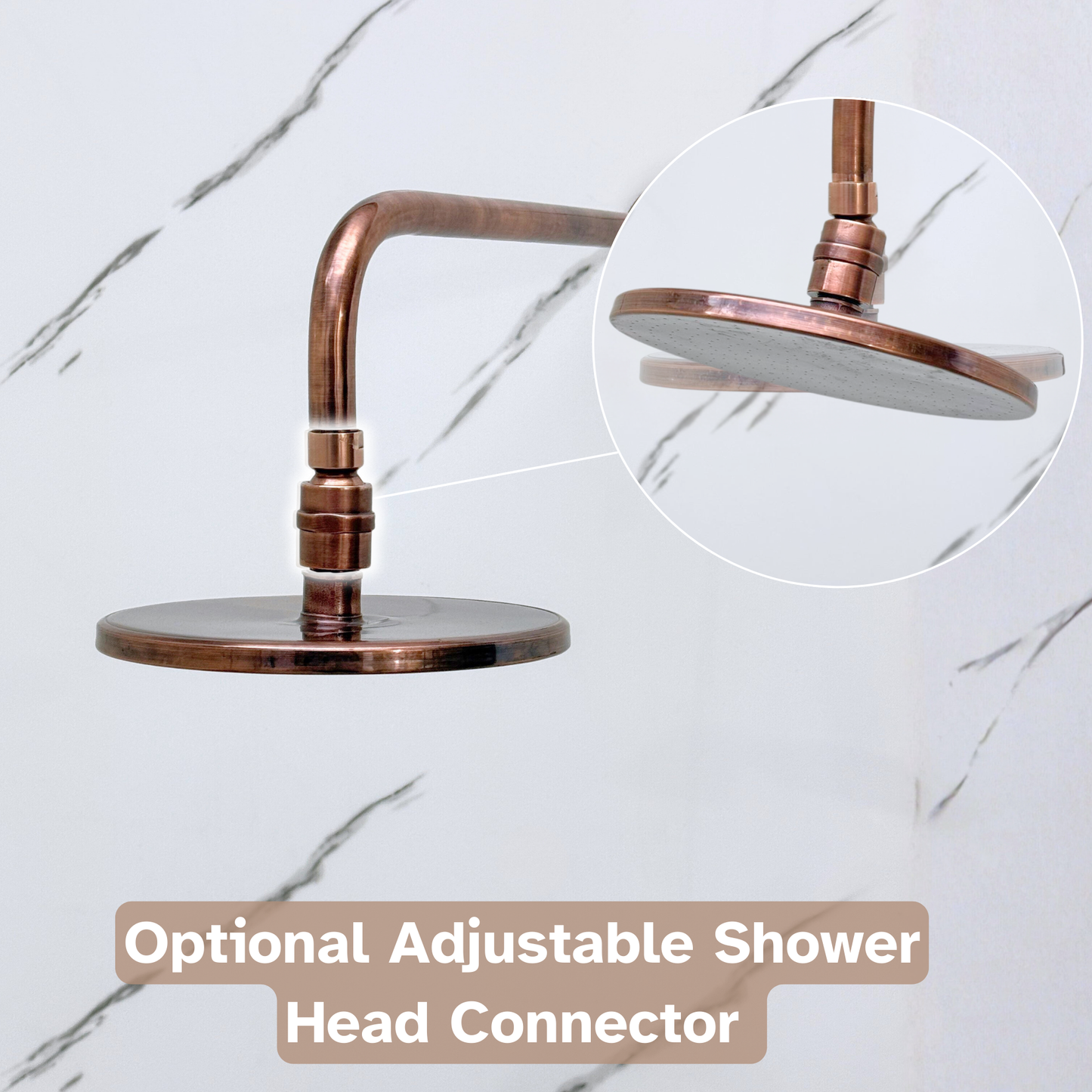 Antique Copper Shower System with Flat Round Rain Adjustable Shower Head, Handheld Shower Head, Central Copper Plaque, Tub Filler and Cross Handles