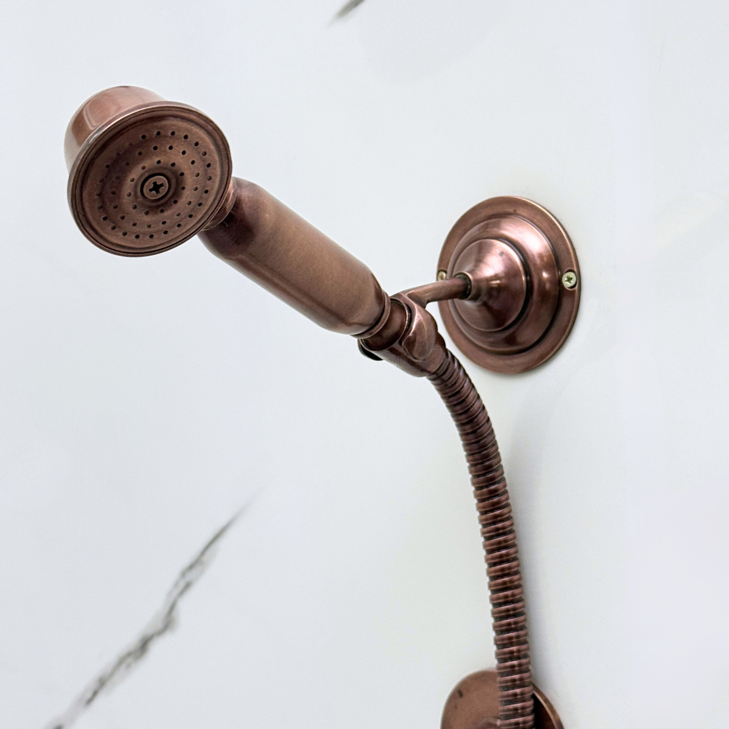 Antique Copper Shower System with Flat Round Rain Adjustable Shower Head, Handheld Shower Head, Central Copper Plaque, Tub Filler and Cross Handles